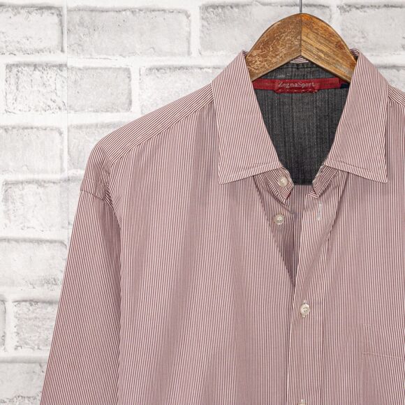 Zegna Sport Men's Long Sleeve Button up Shirt in Red White Stripes Size XL - Picture 6 of 7